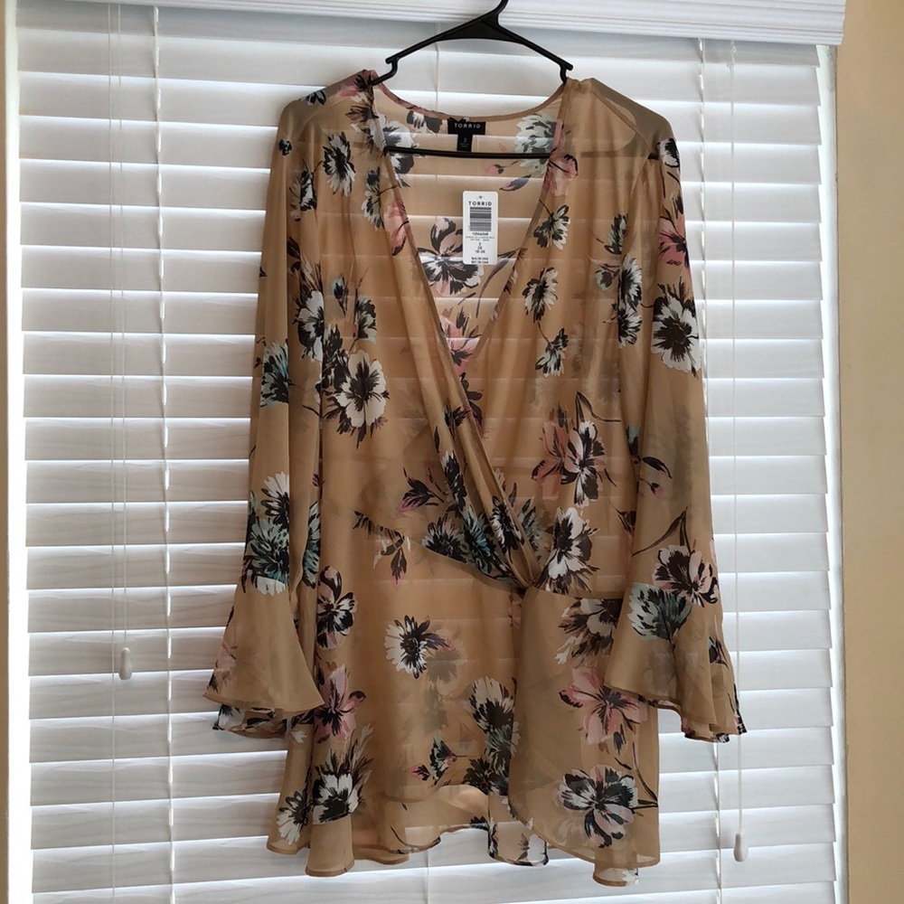 Beige floral chiffon side knot blouse